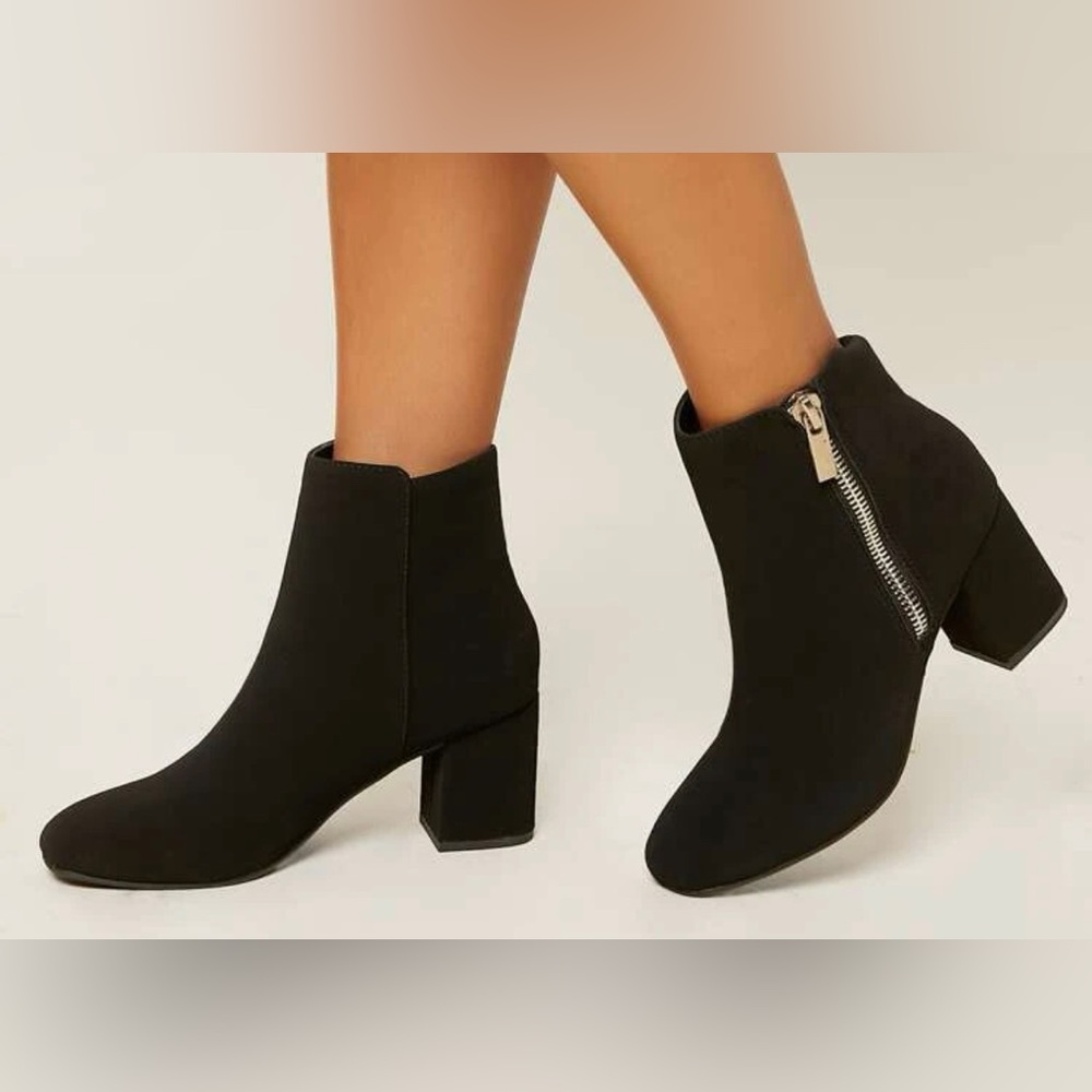 Pleather Zip-Up Block Heel Ankle Boots